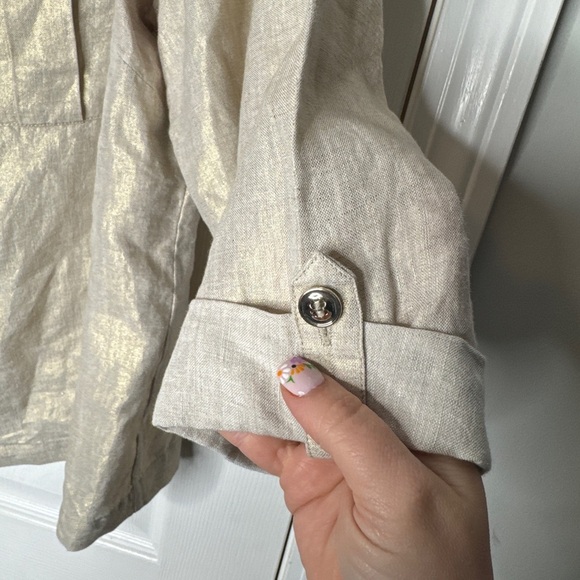 CHICO'S Gold Shine 100% Linen Utility Jacket Button-Tab Cuffs Chico's 3/XL - Picture 5 of 8